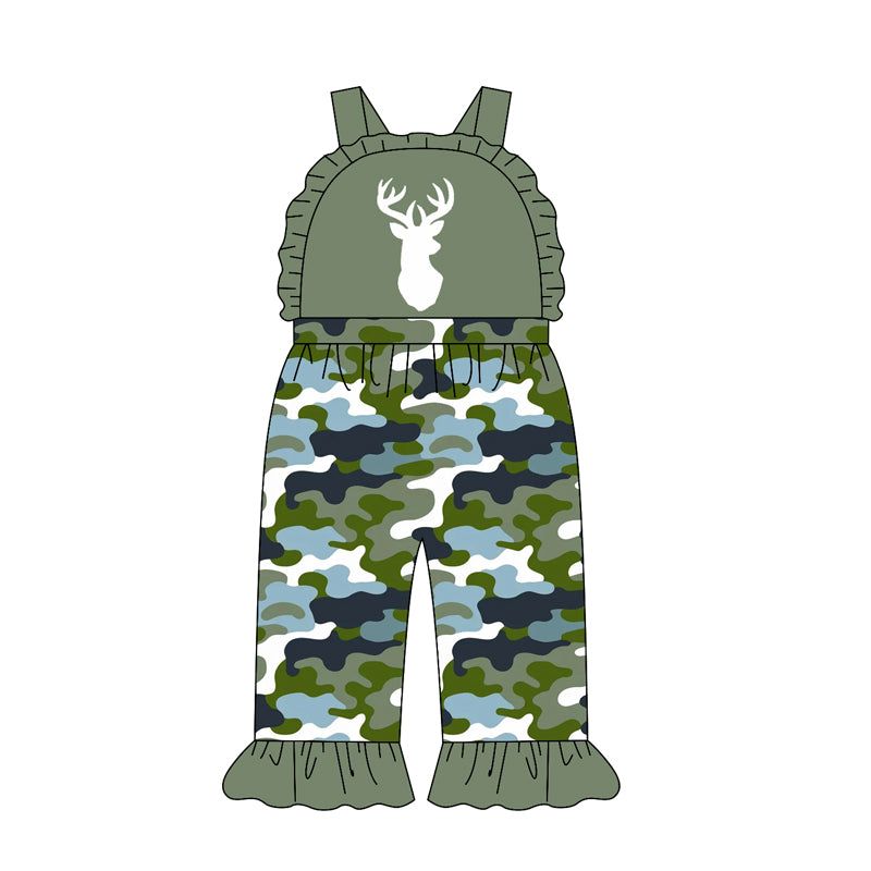 4.21 Toddler Girl Deer Print Overalls -Green Camo Ruffle Hem Jumpsuit Preorder
