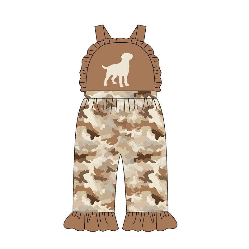 4.21 Toddler Girl Dog Hunting Tan Camo Print Ruffle Overalls