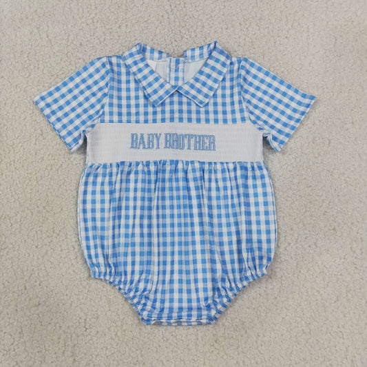 SR4231 Baby Brother Embroidery Blue Checkered Baby Boys Summer Buttons Smocked Romper