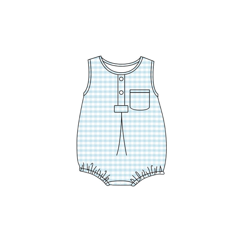 4.24 Baby Boy Light Blye Gingham Sleeveless Bubble Romper With Pocket Preorder