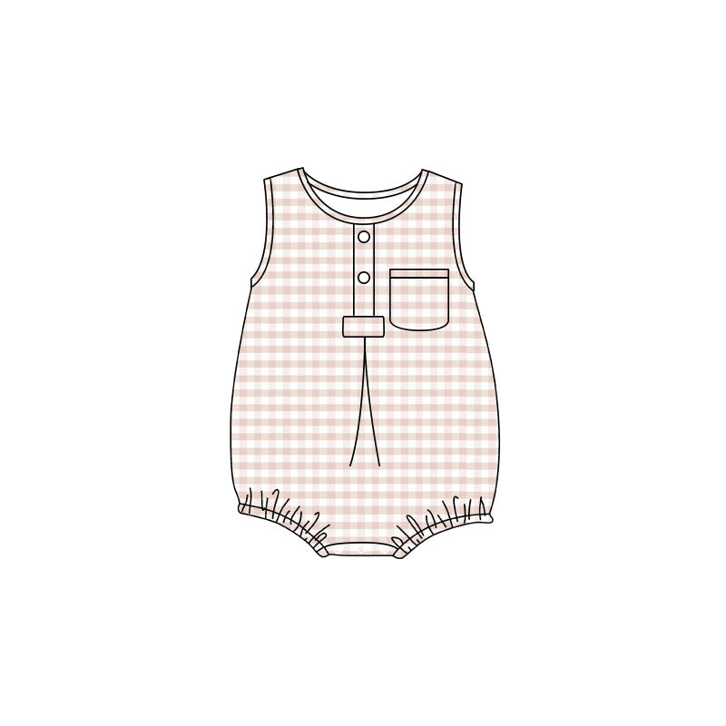 4.24 Baby Boy Khaki Gingham Sleeveless Bubble Romper With Pocket Preorder