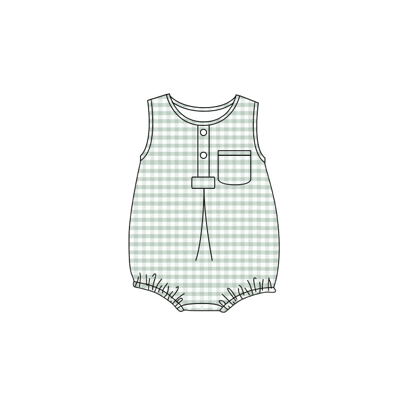 4.24 Baby Boy Green Gingham Sleeveless Bubble Romper With Pocket Preorder
