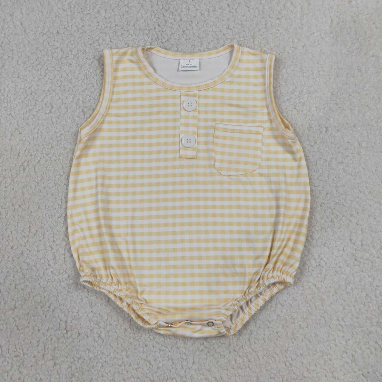 SR4236 Yellow Checkerd Baby Boys Sleeveless Bubble Pocket Romper