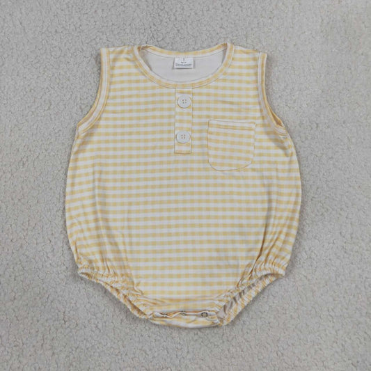 SR4236 Yellow Checkerd Baby Boys Sleeveless Bubble Pocket Romper