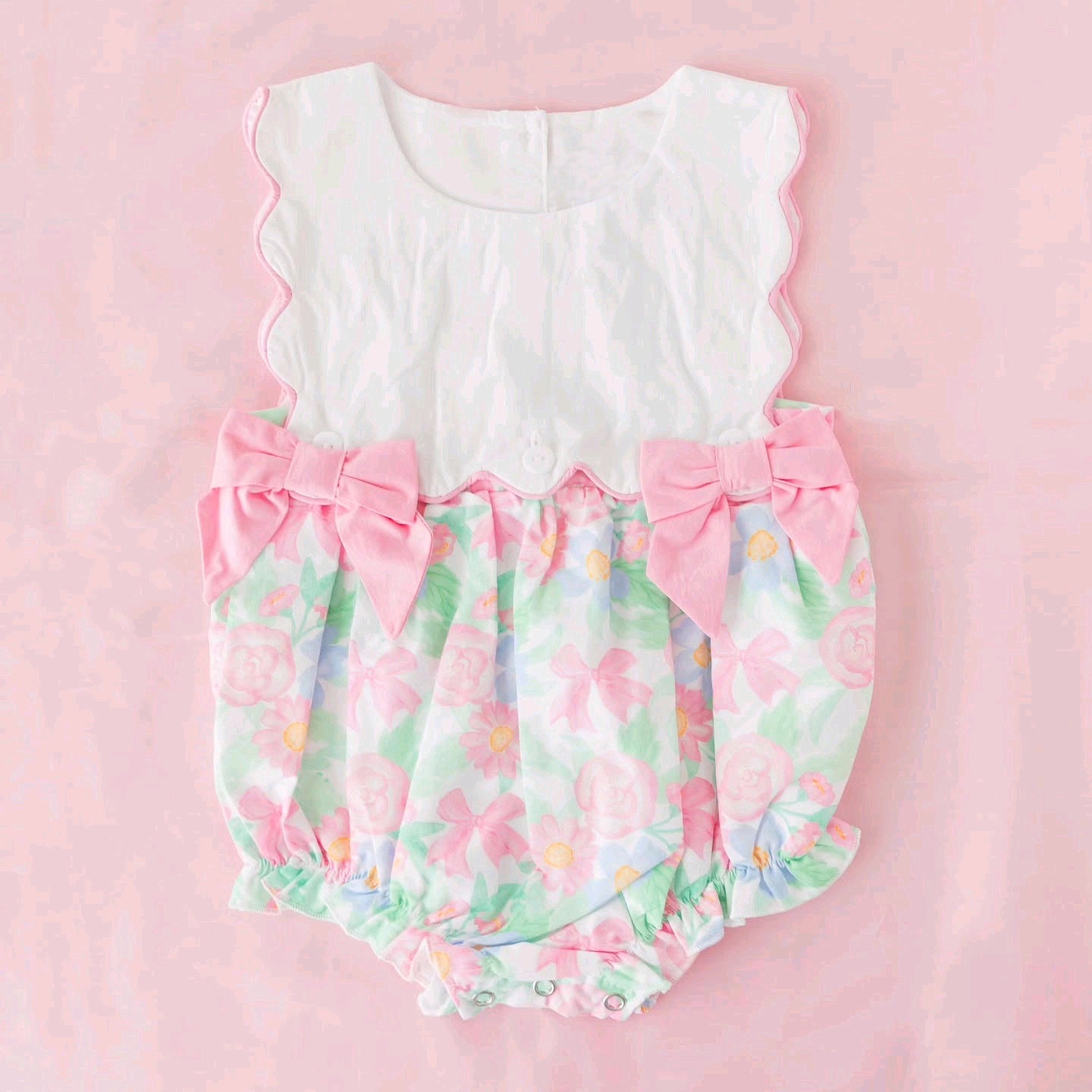 4.25 SR4237 Flowers Bows Print Baby Girls Scallop Sleeve Romper