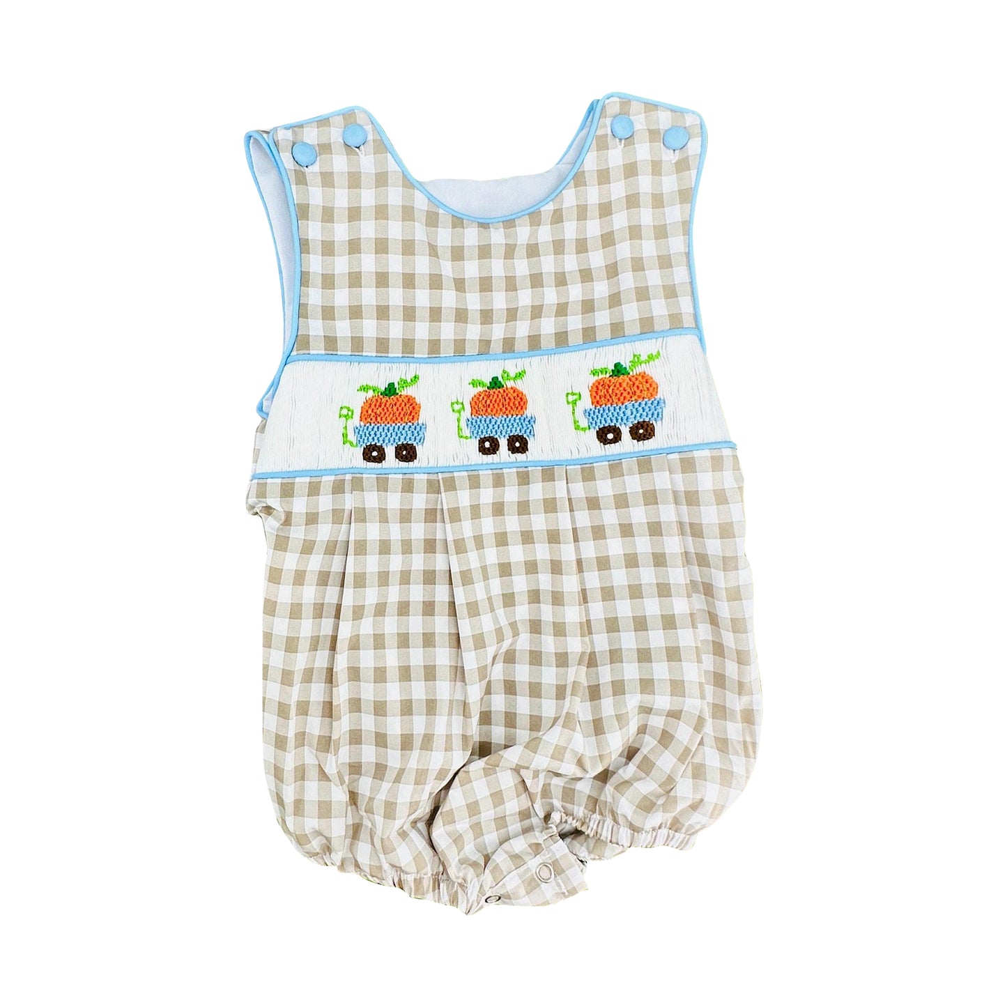 5.29 Preorder Baby Boys Pumpkin Truck Gingham Bubble Romper