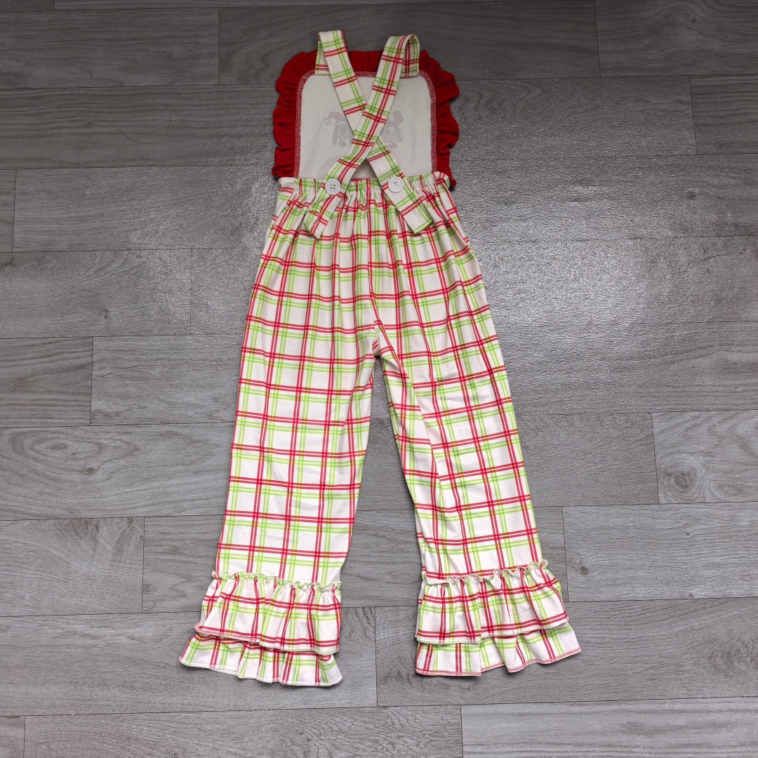 6.29 SR4282 Preorder Green Frog Plaid Baby Girls Strap Christmas Jumpsuits