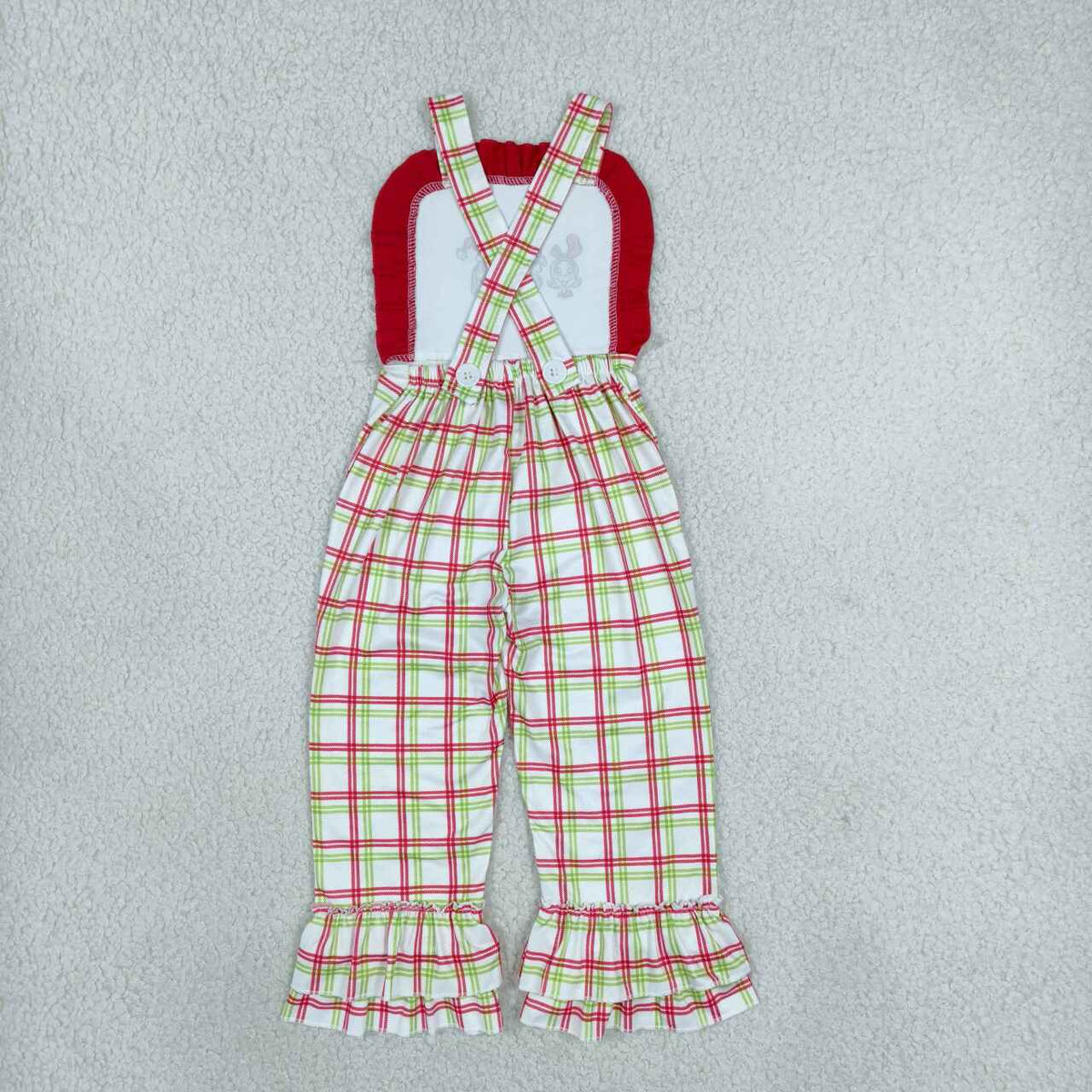SR4282 Green Frog Embroidery Checkered Print Baby Girls Strap Christmas Jumpsuits