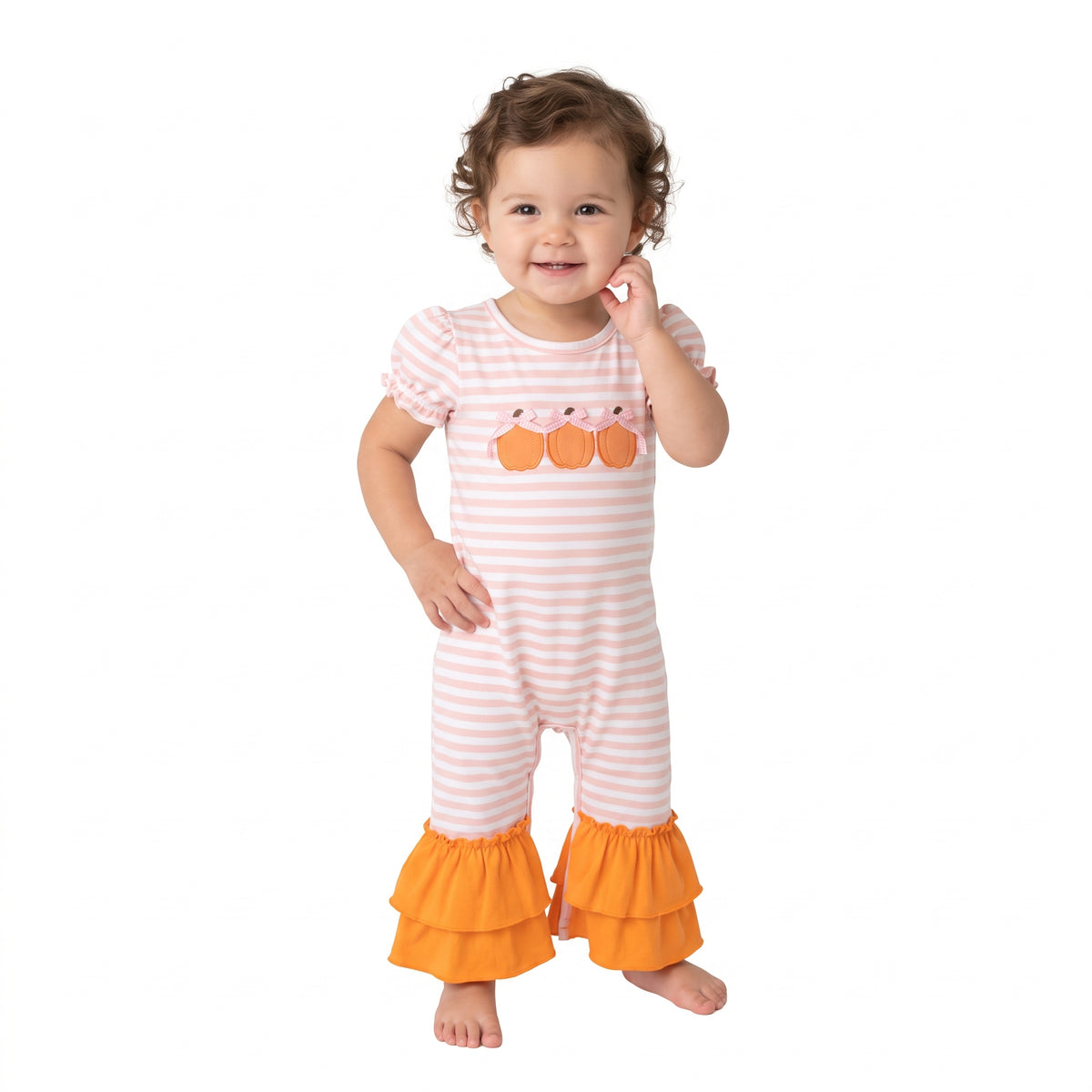 SR4284 Pumpkin Embroidery Pink Stripes Print Baby Girls Fall Ruffle Romper