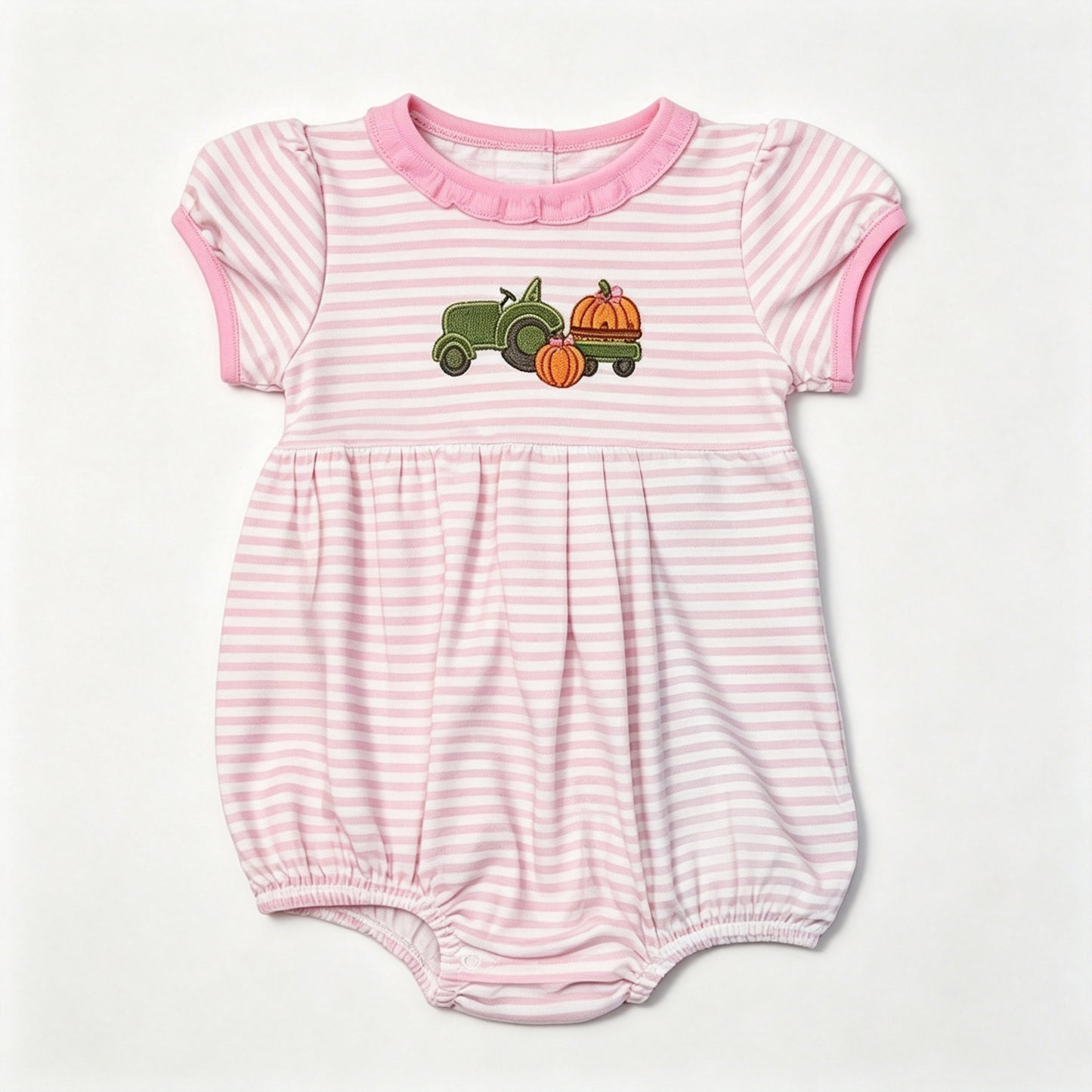 7.11 Preorder Baby Girls Pumpkin Truck Pink Strtiped Bubble Romper