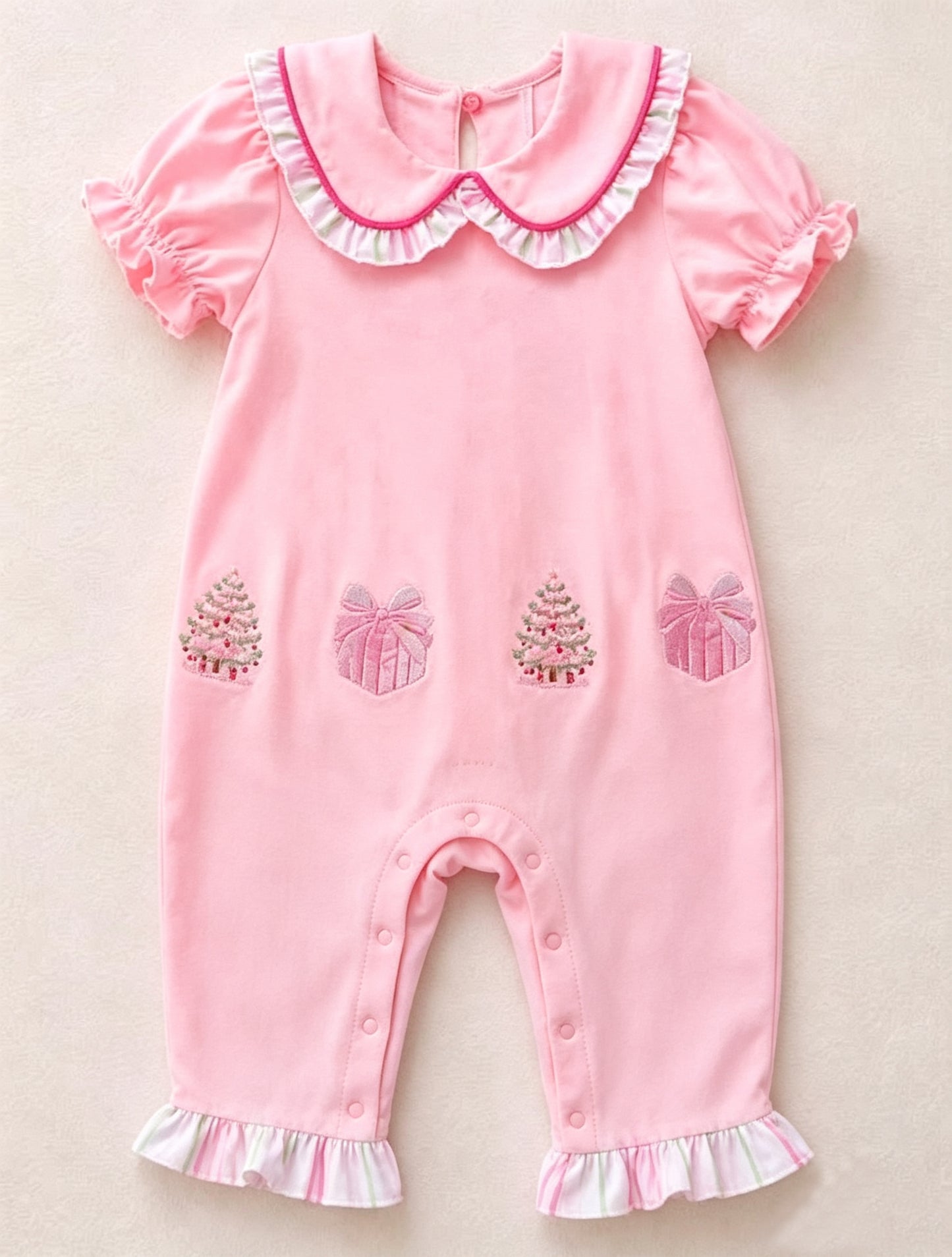 7.24 SR4288 Preorder Christmas Tree Gifts Pink Print Baby Girls Doll Collar Romper