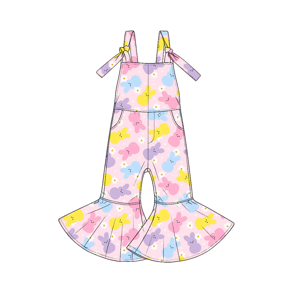8.29 SR4298 Preorder Colorful Bunny Flowers Print Girls Easter Strap Jumpsuits