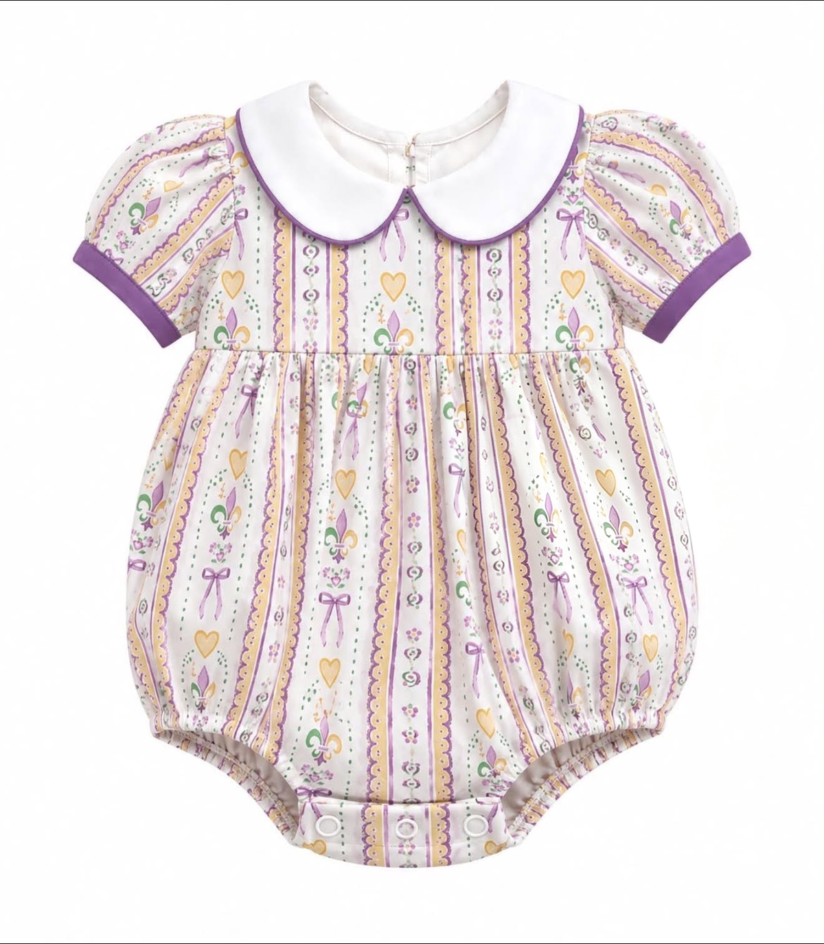 9.1 SR4302 Preorder Baby Girls Mardi Gras Peter Pan Collar Bubble Romper