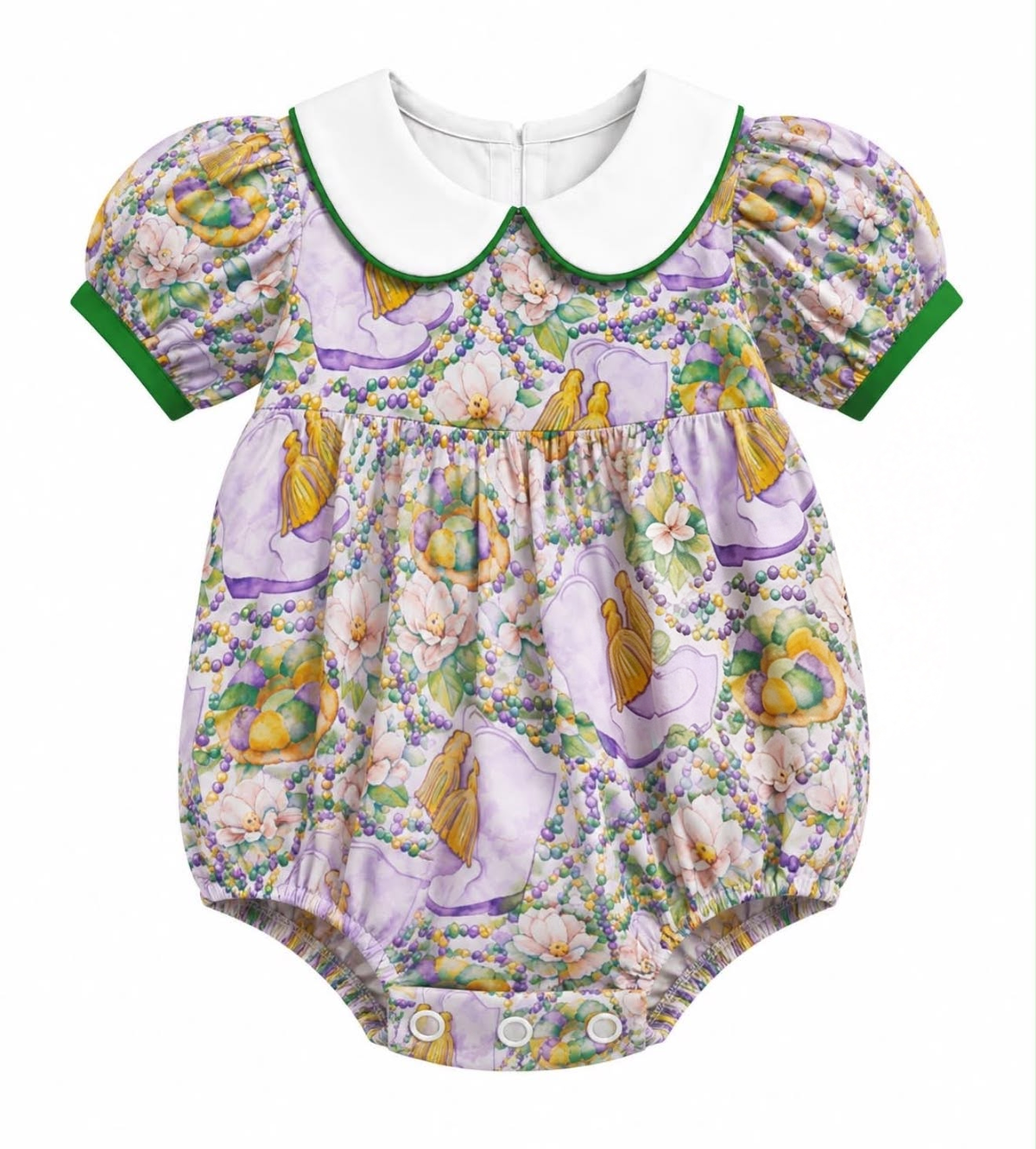 9.1 SR4302 Preorder Baby Girls Mardi Gras Boots Peter Pan Collar Bubble Romper