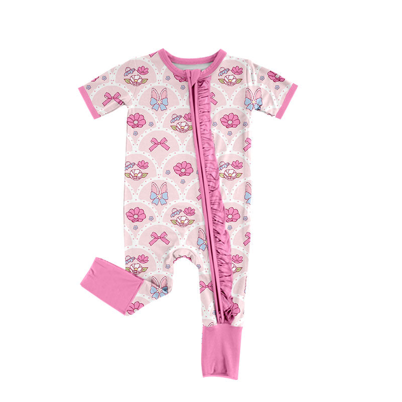 9.4 SR4309 Preorder Bunny Ears Bows Flowers Print Baby Girls Easter Zipper Sleeper Romper