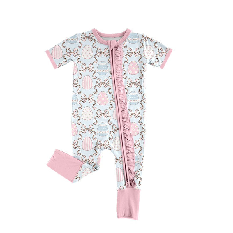 9.4 SR4310 Preorder Eggs Bows Print Baby Girls Easter Zipper Sleeper Romper