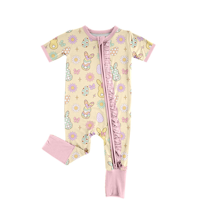 9.8 SR4313 Preorder Bunny Eggs Flowers Print Baby Girls Easter Zipper Sleeper Romper