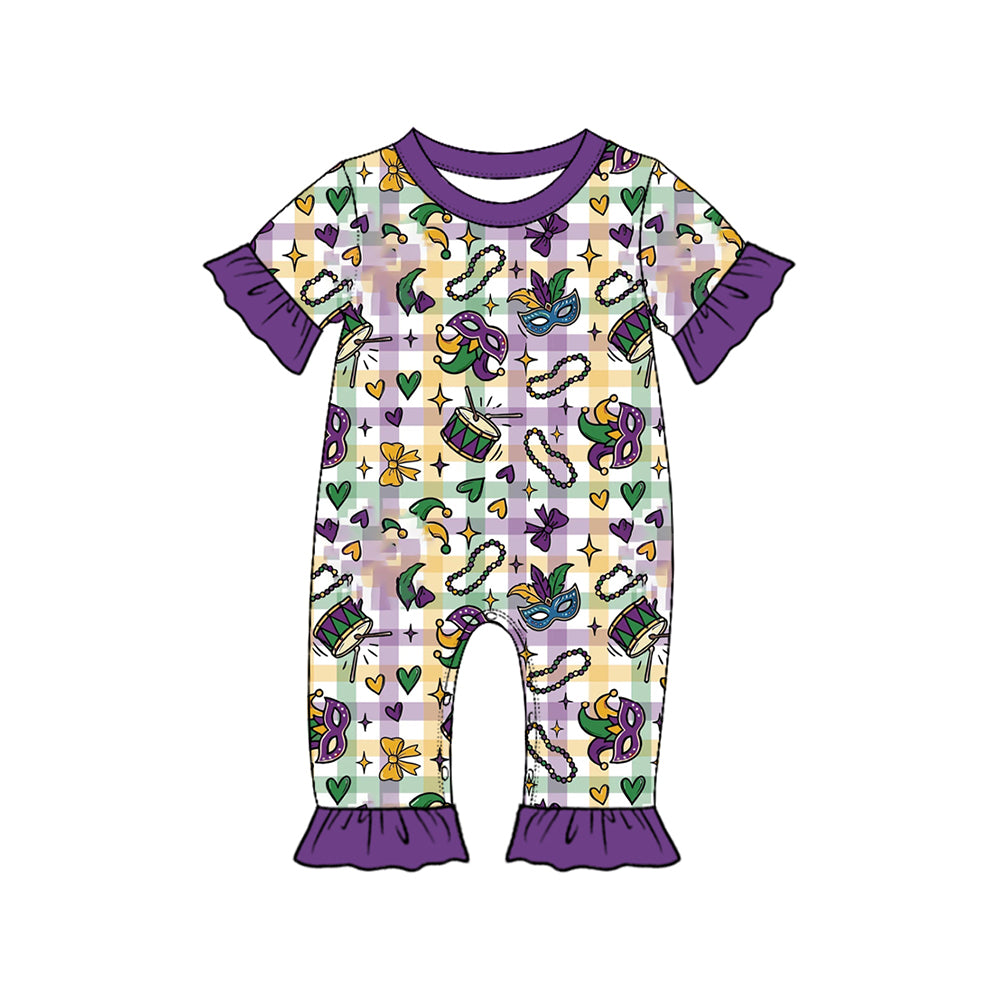 9.10 SR4314 Preorder Mardi Gras Carnival Print Short Sleeve Romper