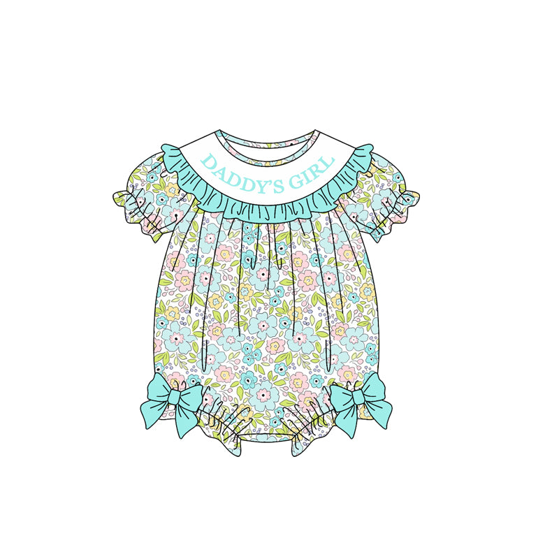 9.18 SR4320 Preorder Daddy's Girl Aqua Flowers Print Baby Girls Summer Romper