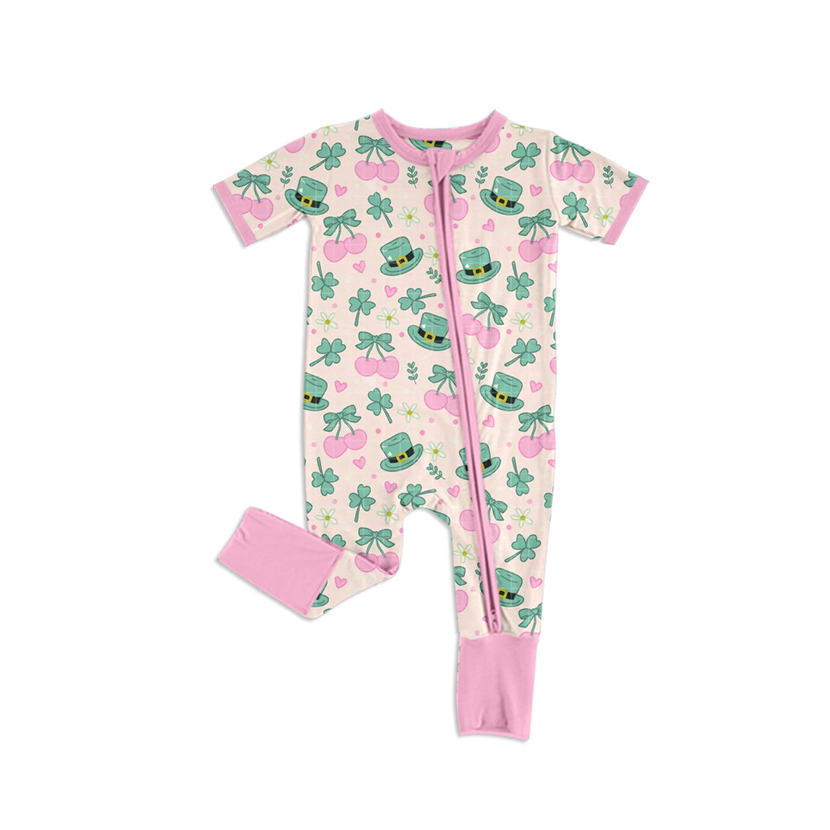 9.22 SR4327 Preorder Hat Cherry Flowers Shamrock Print Baby Girls St. Patrick's Day Zipper Sleeve Romper