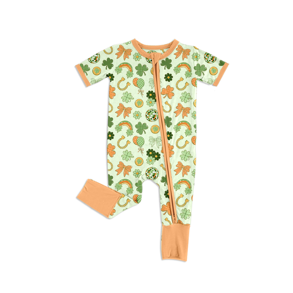 9.22 SR4328 Preorder Shamrock Disco Ball Horseshoe Rainbow Print Baby Girls St. Patrick's Day Zipper Sleeve Romper
