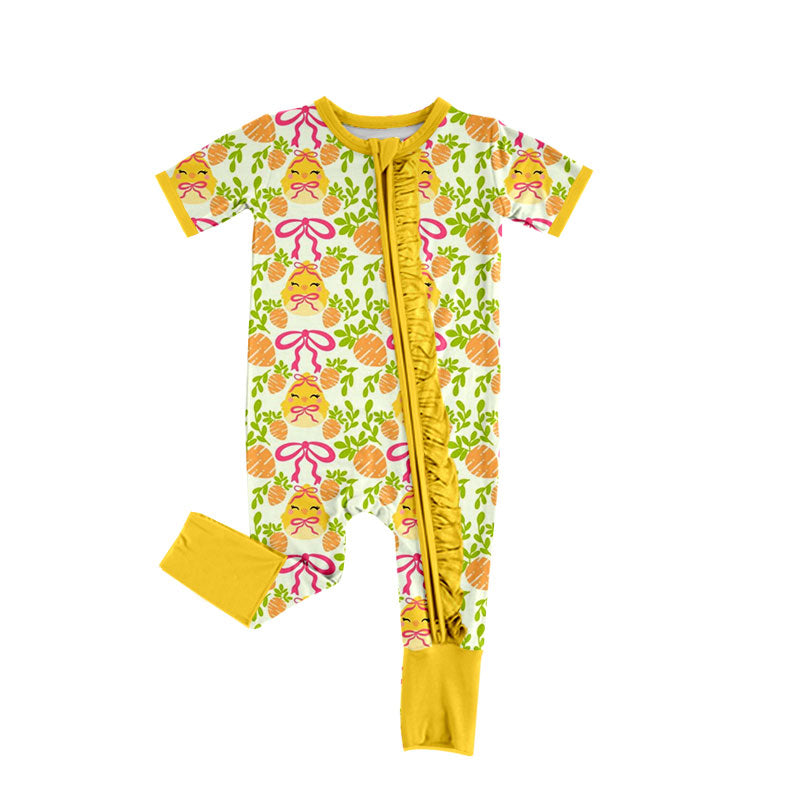 9.25 SR4330 Preorder Baby Girls Easter Chicken Floral Zipper Short Sleeve Romper