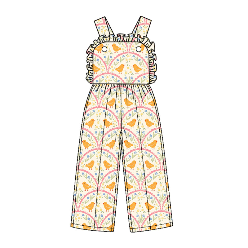 10.1 Preorder SR4334 Kids Girls Easter Chicken Overall Jumpsuit