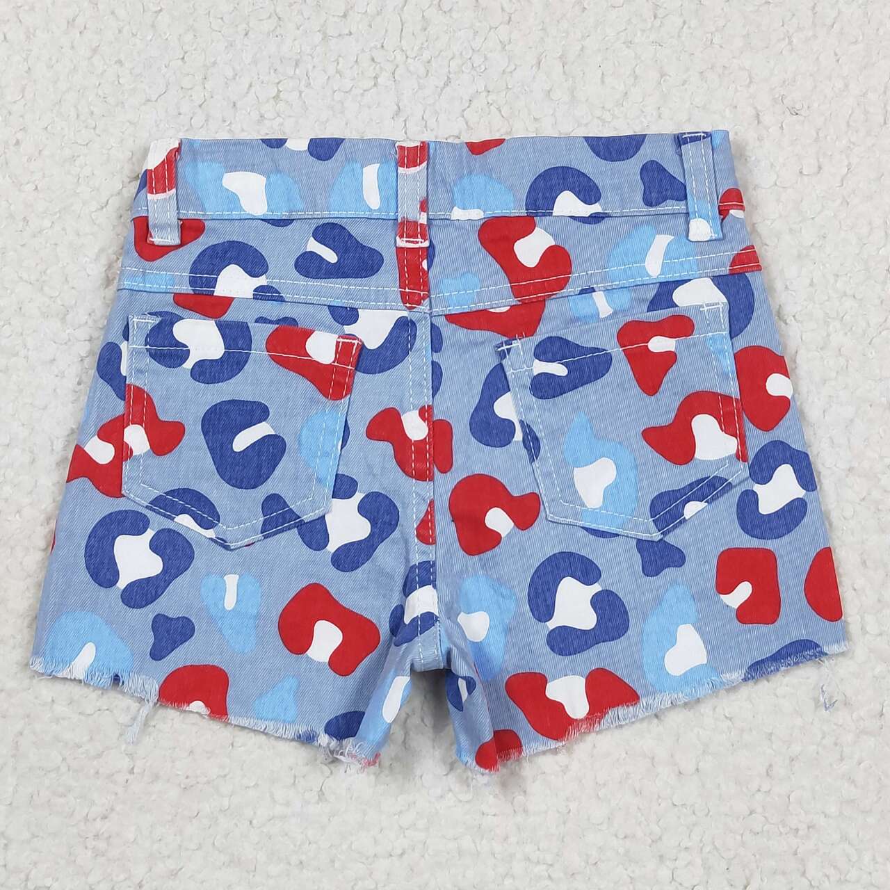 SS0166 Patriotic Leopard Denim Shorts – Red, White & Blue