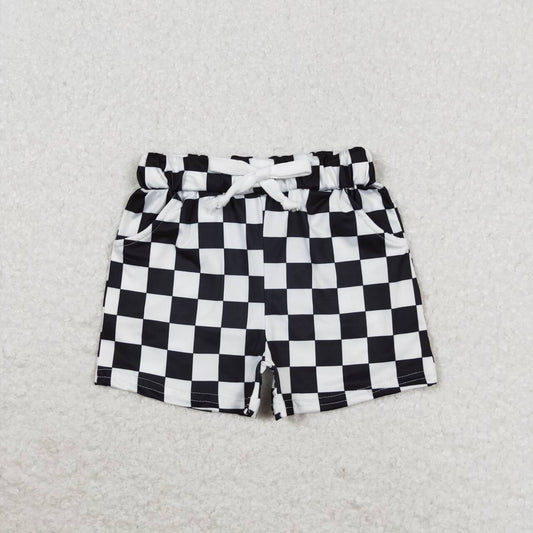 SS0273 Black Plaid Print Pockets Boys Bottom Shorts