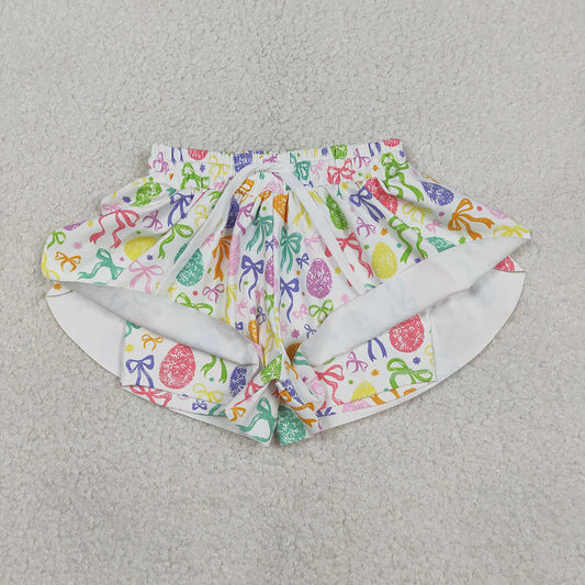 SS0822 Colorful Bows Eggs Print Girls Bottom Easter Yoga Flutter Shorts