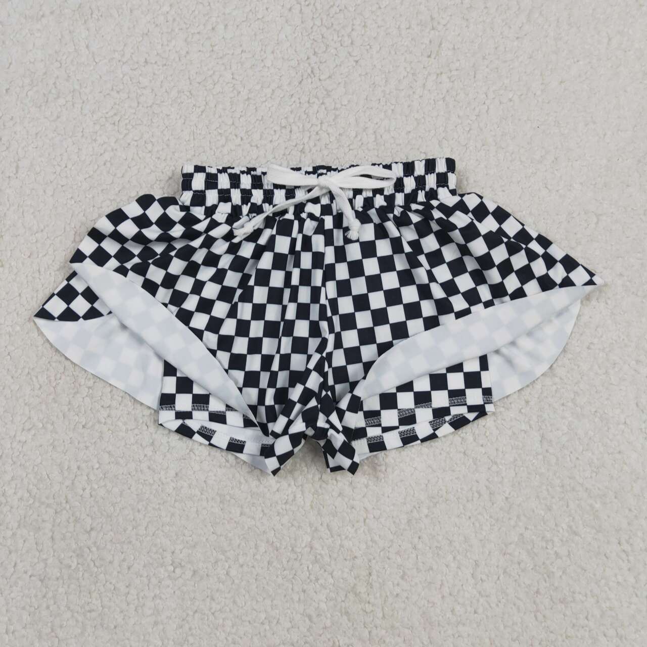 SS0865 Black Plaid Print Girls Summer Bottom Yoga Flutter Shorts