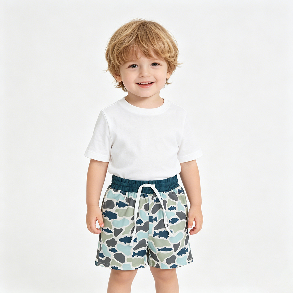 SS0893 Fish Green Blue Camo Print Boys Bottom Shorts