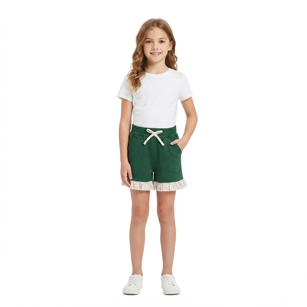 SS0998 Girls Green Girls Elastic Waist Pockets Shorts with Khaki Stripe Ruffle