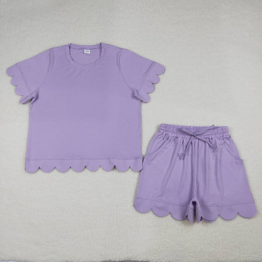 Mommy and Me Lavender Scallop Outfits, Short Sleeve Two Piece Set for Mother Daughter