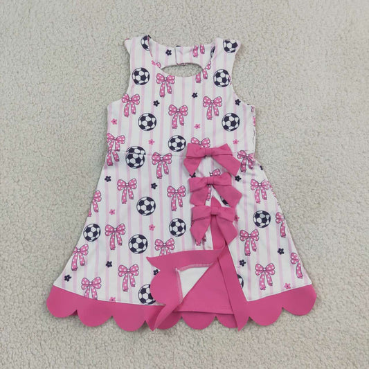 GSD4100 Soccer Pink Bows Stripes Girls Summer Scallop Knee Length Yoga Dress