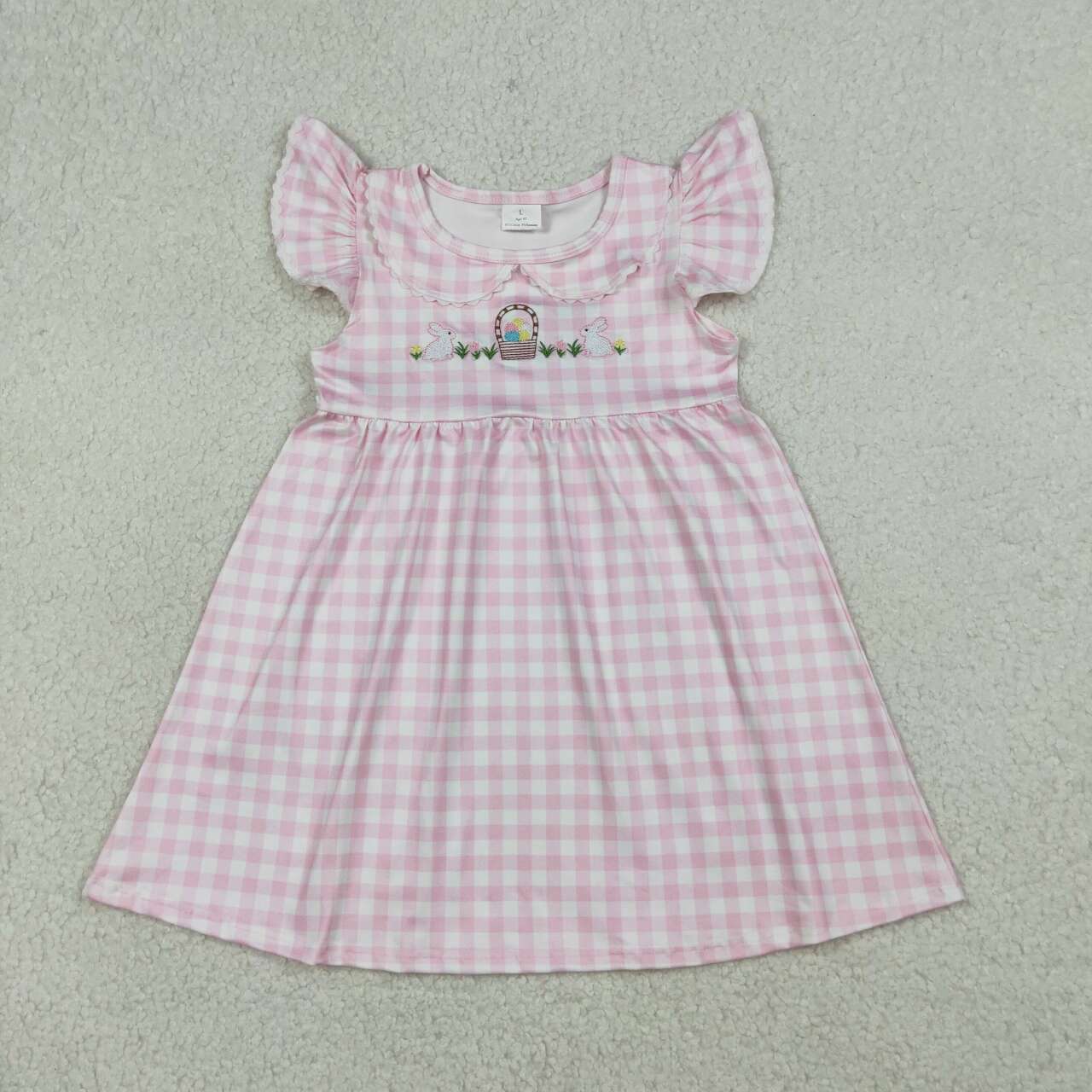 GSD2913 Embroidery Rabbits Eggs Baby Girls Pink Checked Easter Knee Length Dresses