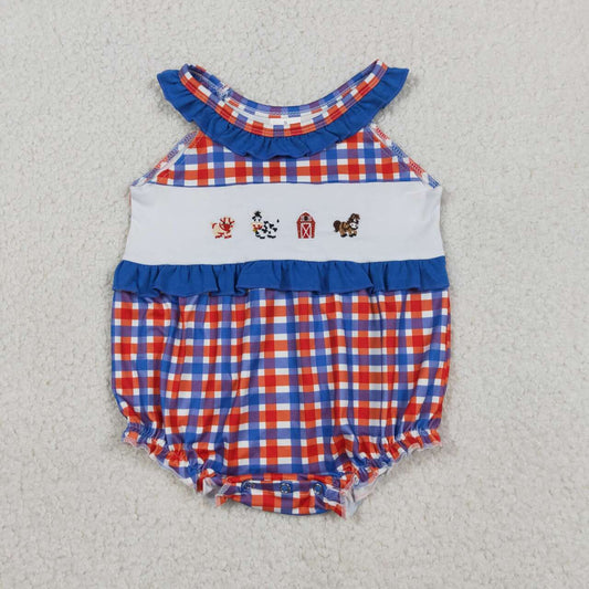 Baby Girls Embroidery Farm Animal 4th of July Bubble Romper