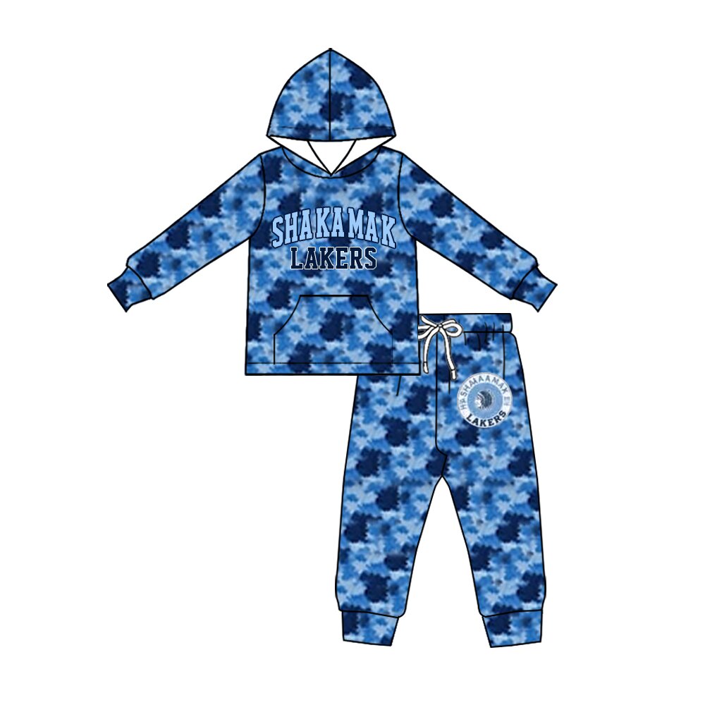 (Custom Design Preorder MOQ 5) Teams Shakamak Lakrs Blue Navy Camo Hoodie Top Pockets Pants Kids Clothes Set