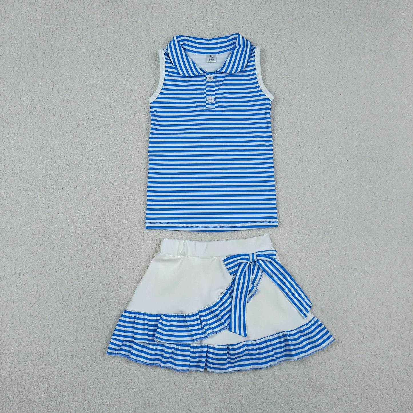 Blue Stripes Button Polo Top Ruffle Skirts Shorts Girls Summer Yoga Clothes Set