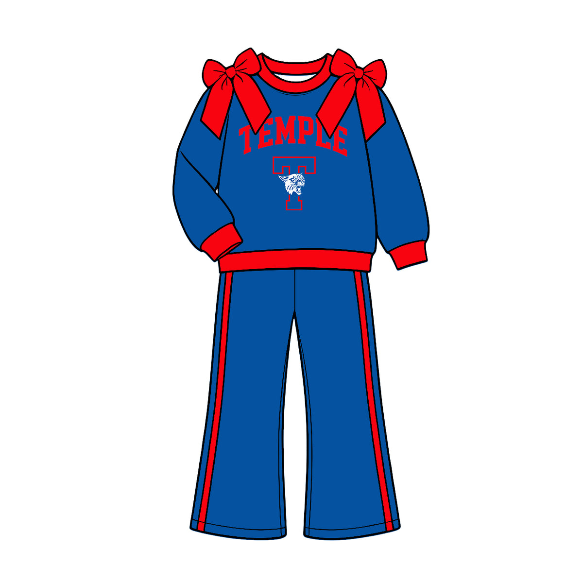 (Custom Design Preorder MOQ 5) Teams Temple Wildcats Red Bows Top Blue Pockets Pants Girls Clothes Set