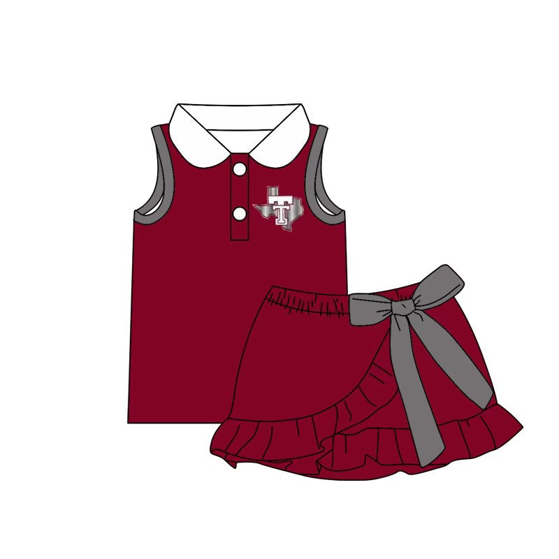 (Custom Design Preorder MOQ 5) Teams Troy Trojans Top Grey Bows Skort Girls Summer Yoga Clothes Set