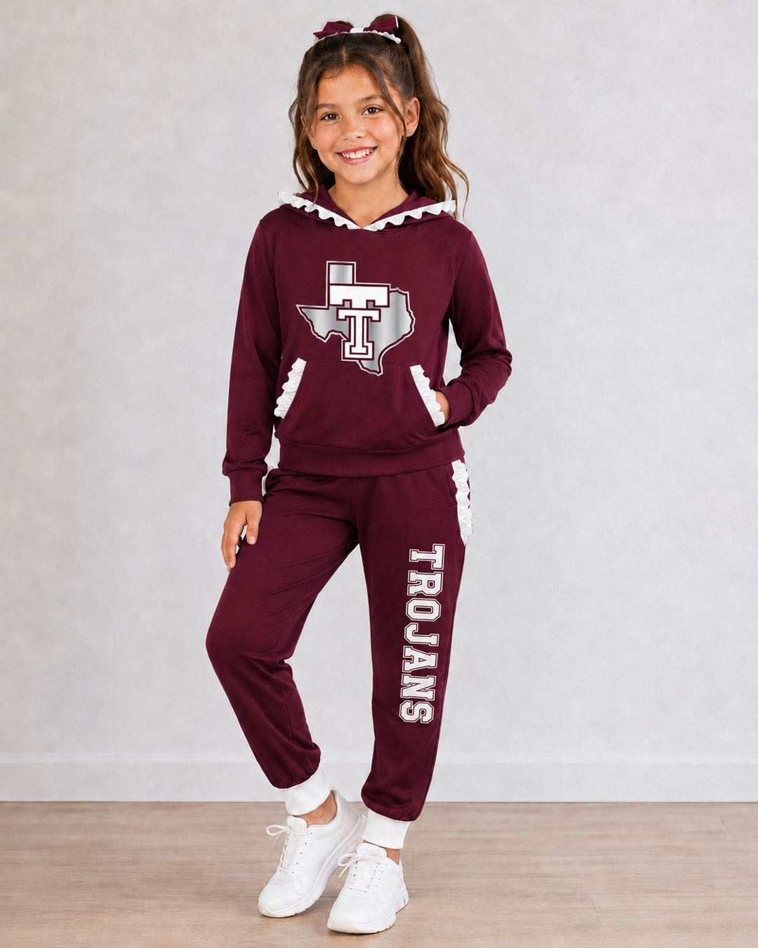 (Custom Design Preorder MOQ 5) Teams Troy Trojans Wine White Ruffles Hoodie Top Pockets Joggers Pants Girls Clothes Set