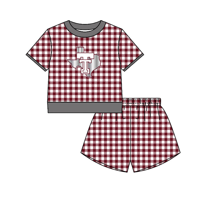 (Custom Design Preorder MOQ 5) Teams Troy Trojans Top Wine Checkerd Shorts Mommy and Me Summer Yoga Clothes Set