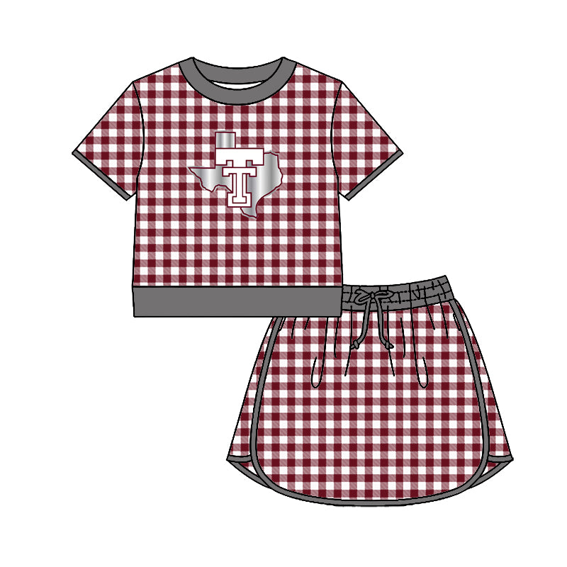 (Custom Design Preorder MOQ 5) Teams Troy Trojans Top Wine Checkerd Skort Girls Summer Yoga Clothes Set