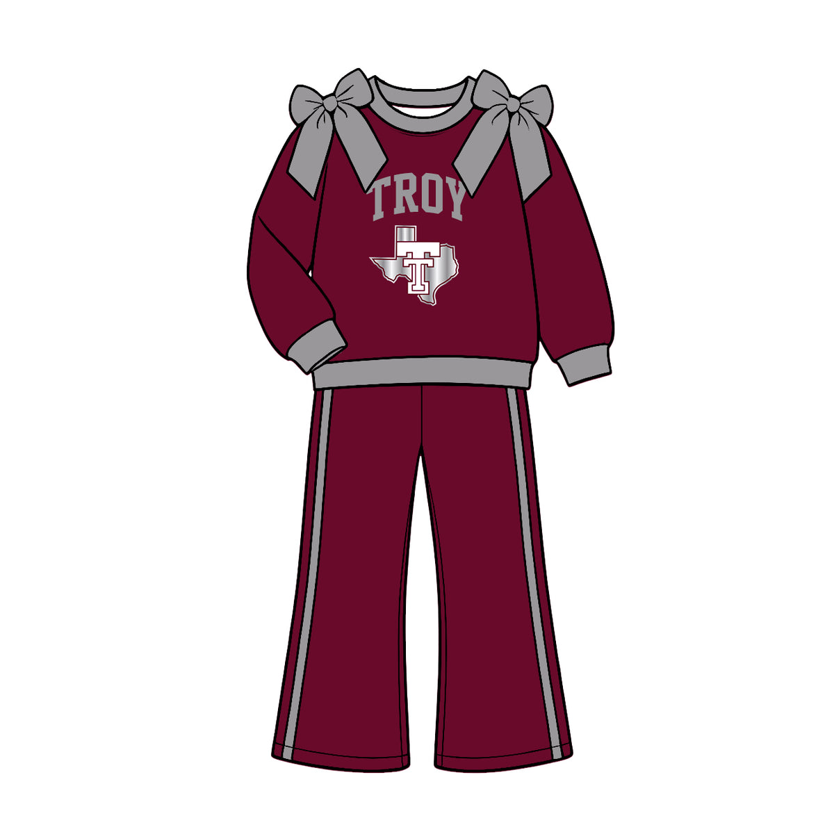 (Custom Design Preorder MOQ 5) Teams Troy Trojans Grey Bows Top Wine Pockets Pants Girls Clothes Set
