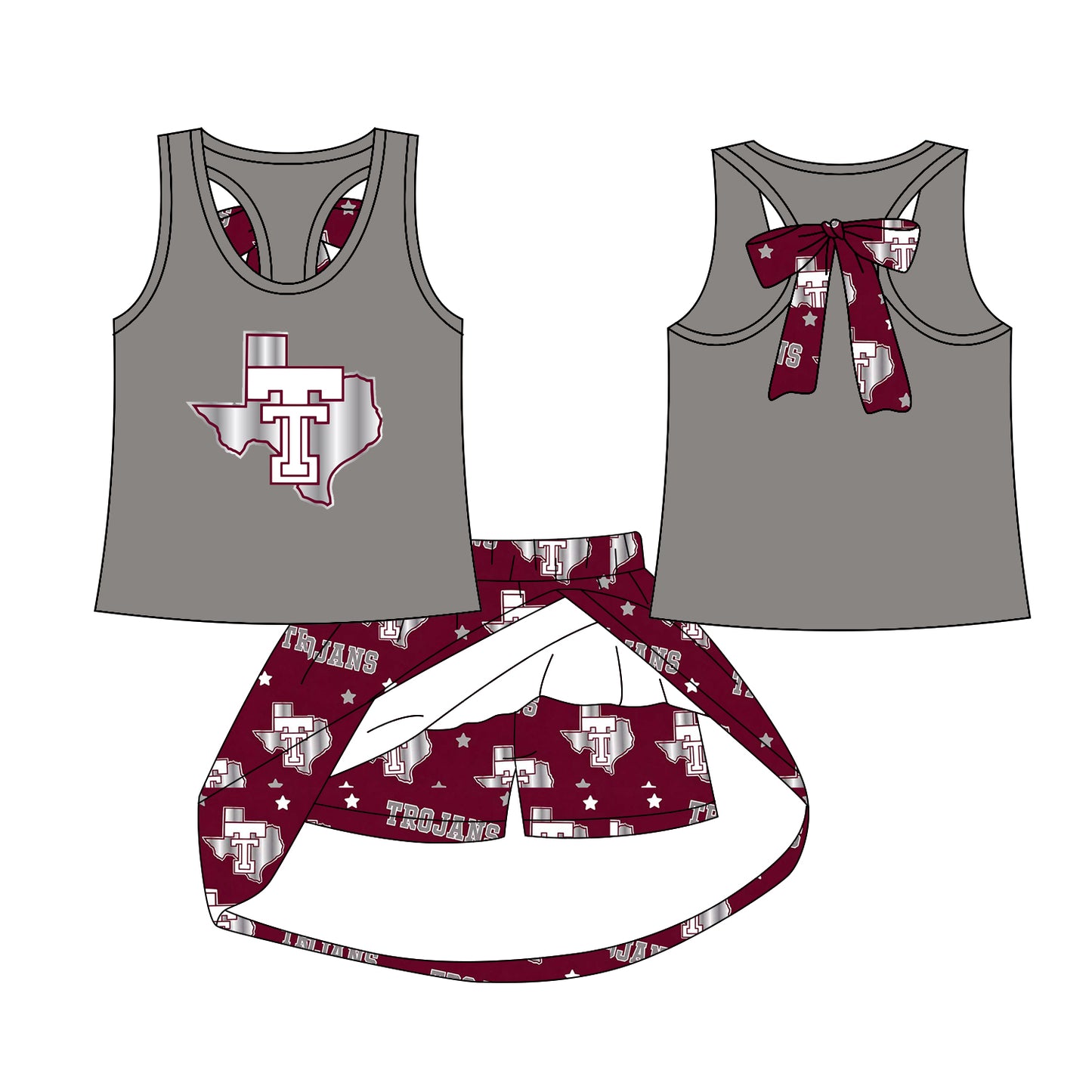(Custom Design Preorder MOQ 5) Teams Troy Trojans Grey Tank Top Skort Girls Summer Yoga Clothes Set