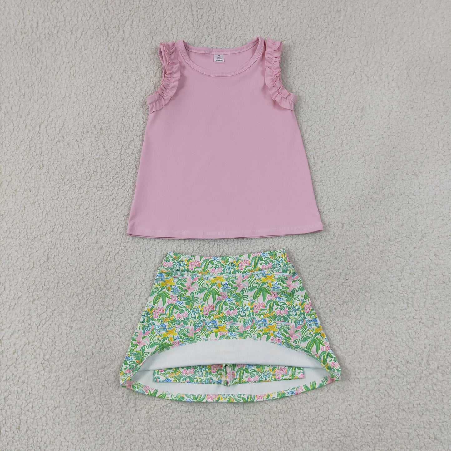 Pink Sleeveless Top Floral Pagoda Skirts Girls Summer Yoga Clothes Set