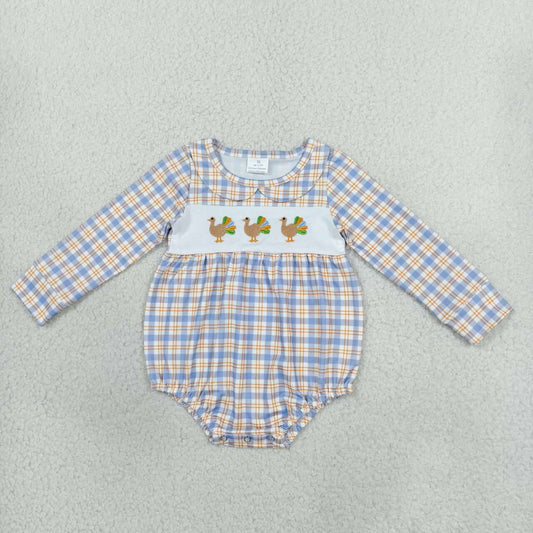 LR3132 Turkey Embroidery Plaid Print Baby Boys Thanksgiving Romper