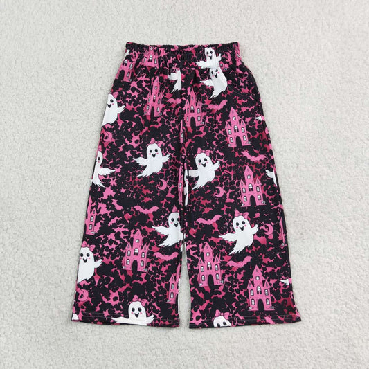 P1134 Leopard Ghost Haunted Castle Bat Pink Baby Girls Wide Leg Pockets Pants