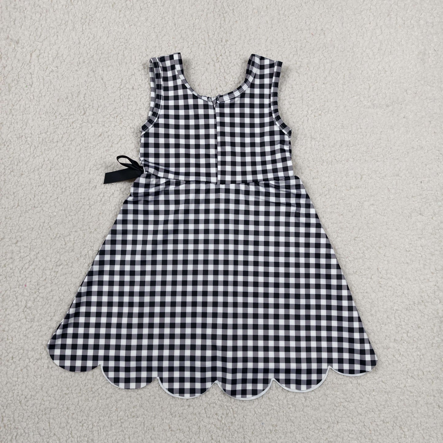 GSD3777 Black Plaid Print Girls Bows Scallop Yoga Active Zipper Dress